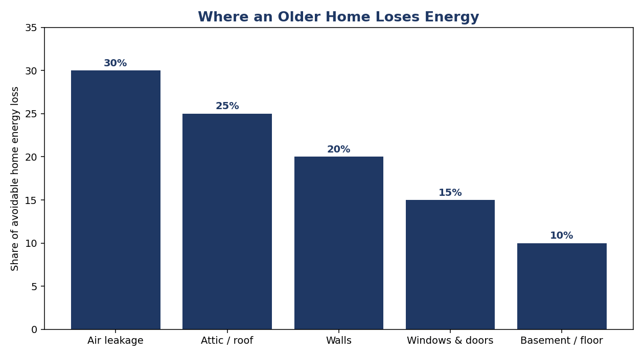 Bar chart showing where an older home loses energy, by area