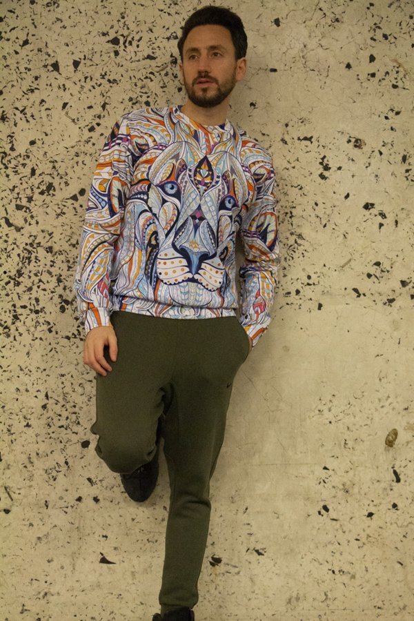 Customer wearing a Hoodie Lab all-over-print hoodie
