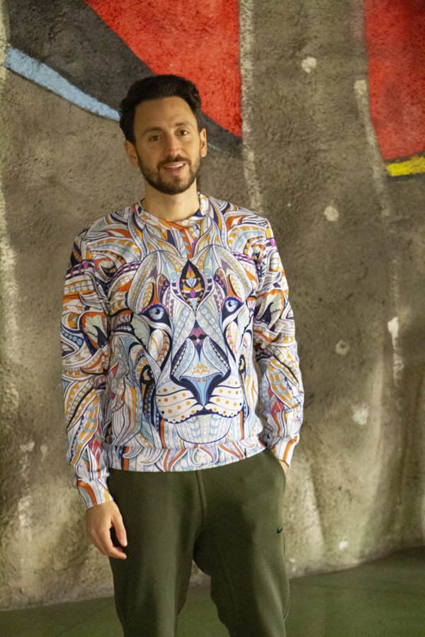 Customer wearing a Hoodie Lab all-over-print hoodie