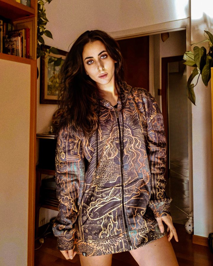 Customer wearing a Hoodie Lab all-over-print hoodie
