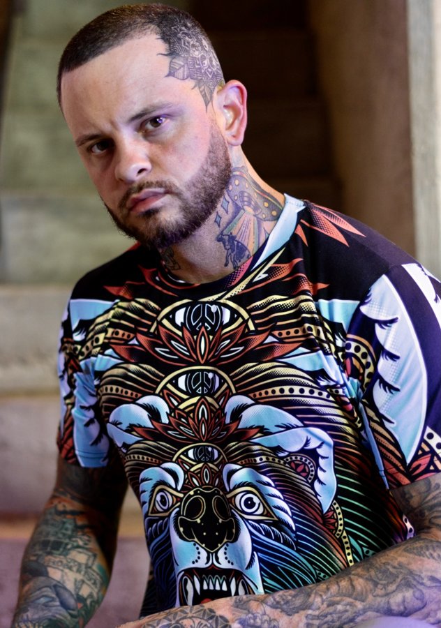 Customer wearing a Hoodie Lab all-over-print hoodie