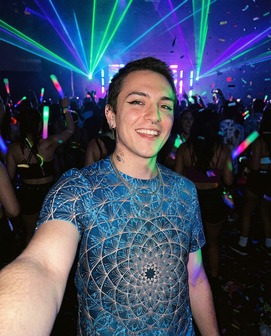 Raver in a Hoodie Lab blue geometry mandala t-shirt taking a selfie at a night rave