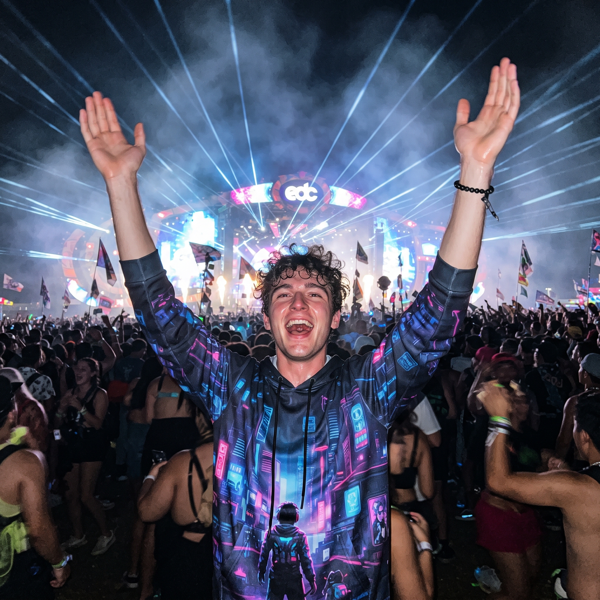 Fan in a Hoodie Lab cyberpunk print tee with arms up at a main stage