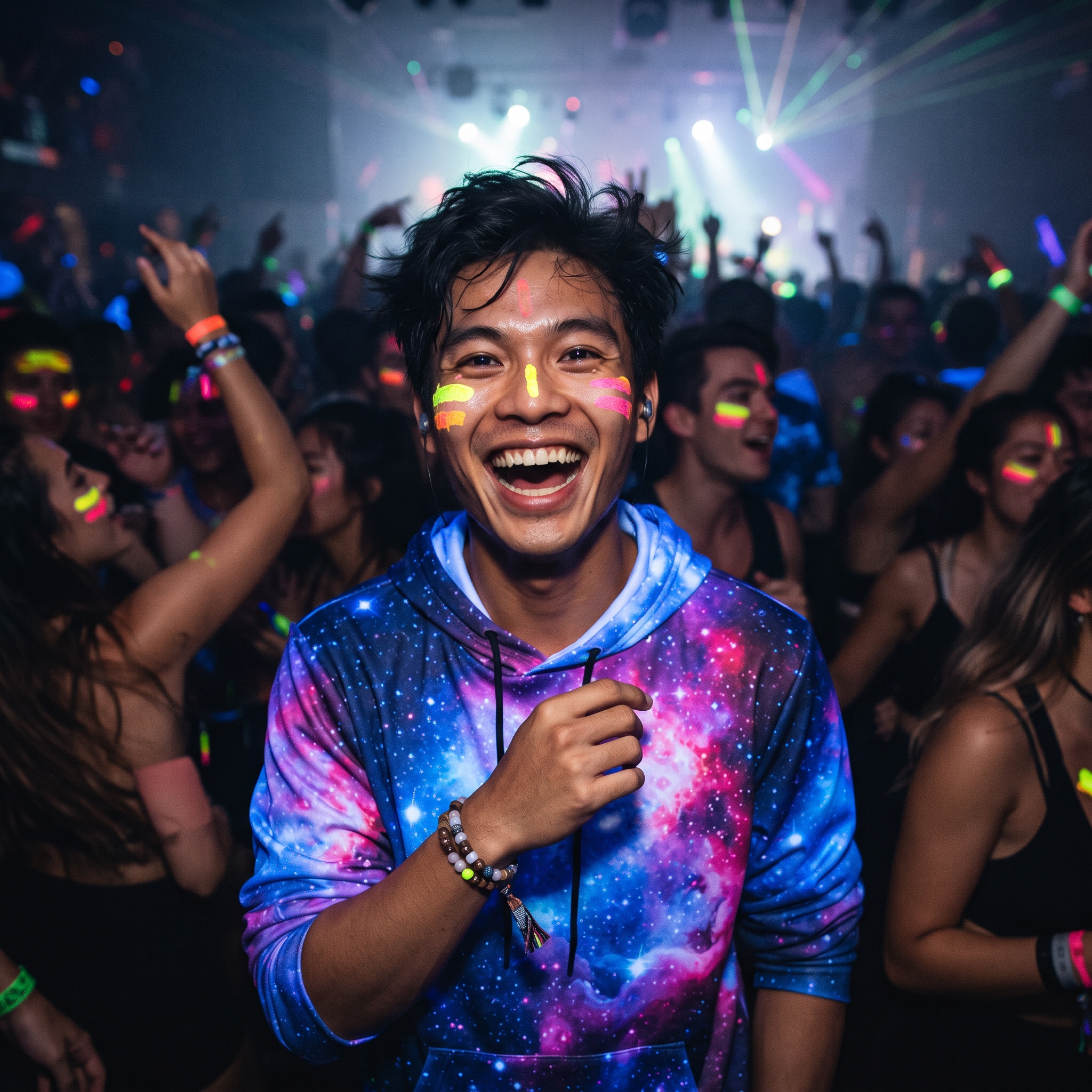 Festival-goer in a Hoodie Lab galaxy cosmic print at an indoor rave