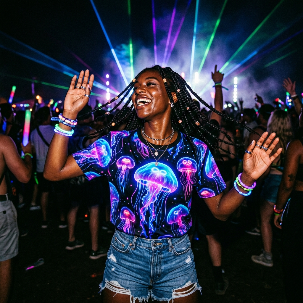Festival-goer in a Hoodie Lab neon jellyfish t-shirt in the crowd at night