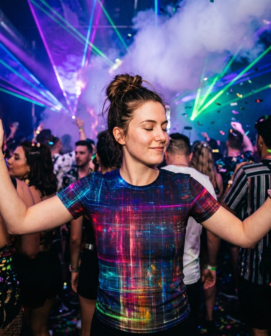Woman in a Hoodie Lab psychedelic matrix print tee dancing under lasers at a festival